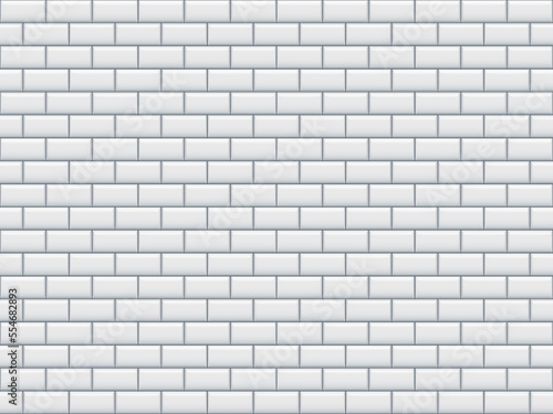 White glossy brick wall with ceramic rectangle tiles pattern horizontal background. Home interior, bathroom and kitchen wall texture. Vector elegant grey shiny brickwall background