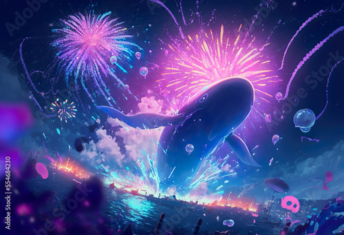 Cosmic whale celebrates New Year  cosmic whale with pink and blue fireworks  spiritual new year  colorful happy new year  fantasy  anim  -style  illustration  digital
