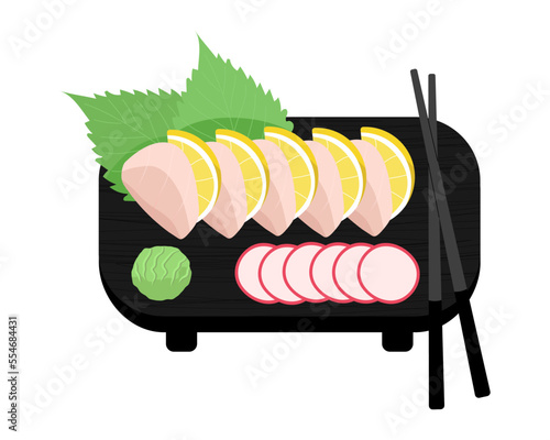 Hotate sashimi served on plate vector illustration. Raw scallop slices with shiso leaves, lemon, wasabi paste and daikon on black stone plate