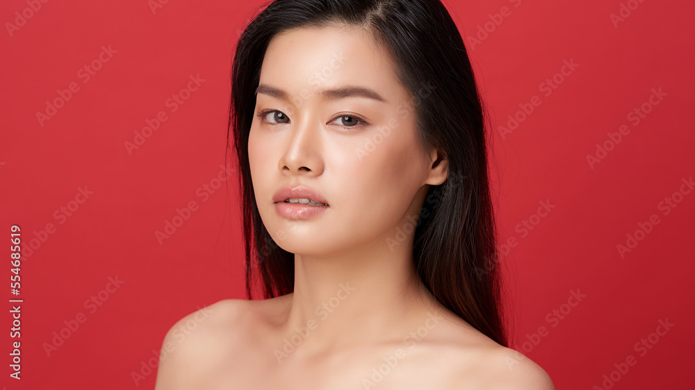 Beautiful young asian woman with clean fresh skin on red background, Face care, Facial treatment, Cosmetology, beauty and spa, Asian women portrait. Beautiful young asian woman with clean fresh skin on red background, Face care, Facial treatment, Cosmetology, beauty and spa, Asian women portrait.