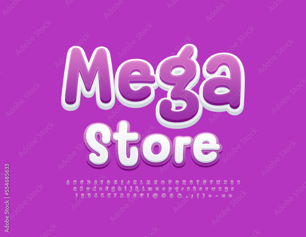 Vector advertising banner Mega Store. Playful Violet Font. Creative handwritten Alphabet Letters and Numbers set Vector advertising banner Mega Store. Playful Violet Font. Creative handwritten Alphabet Letters and Numbers set