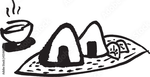 An illustration of a rice ball drawn with a brush. Japanese rice. Food culture.