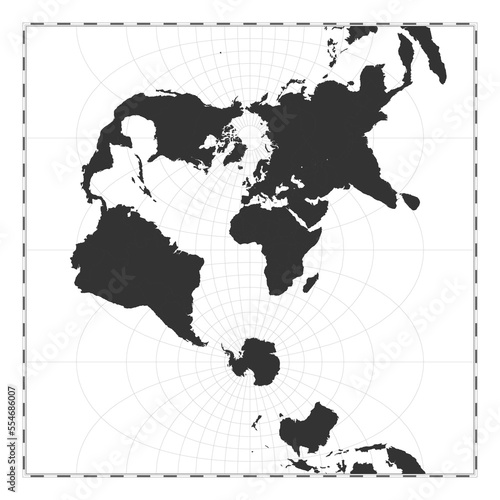 Vector world map. Transverse spherical Mercator projection. Plain world geographical map with latitude and longitude lines. Centered to 0deg longitude. Vector illustration.