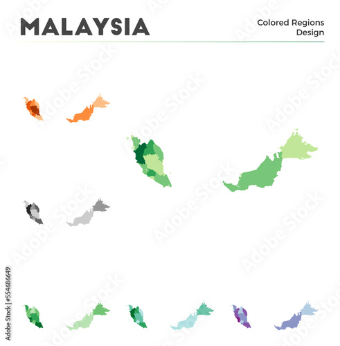 Malaysia map collection. Borders of Malaysia for your infographic. Colored country regions. Vector illustration.