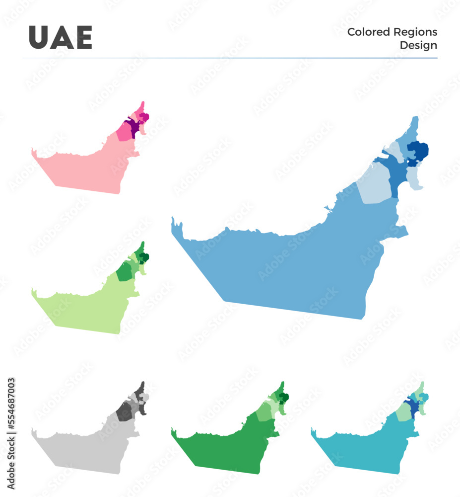 UAE map collection. Borders of UAE for your infographic. Colored country regions. Vector