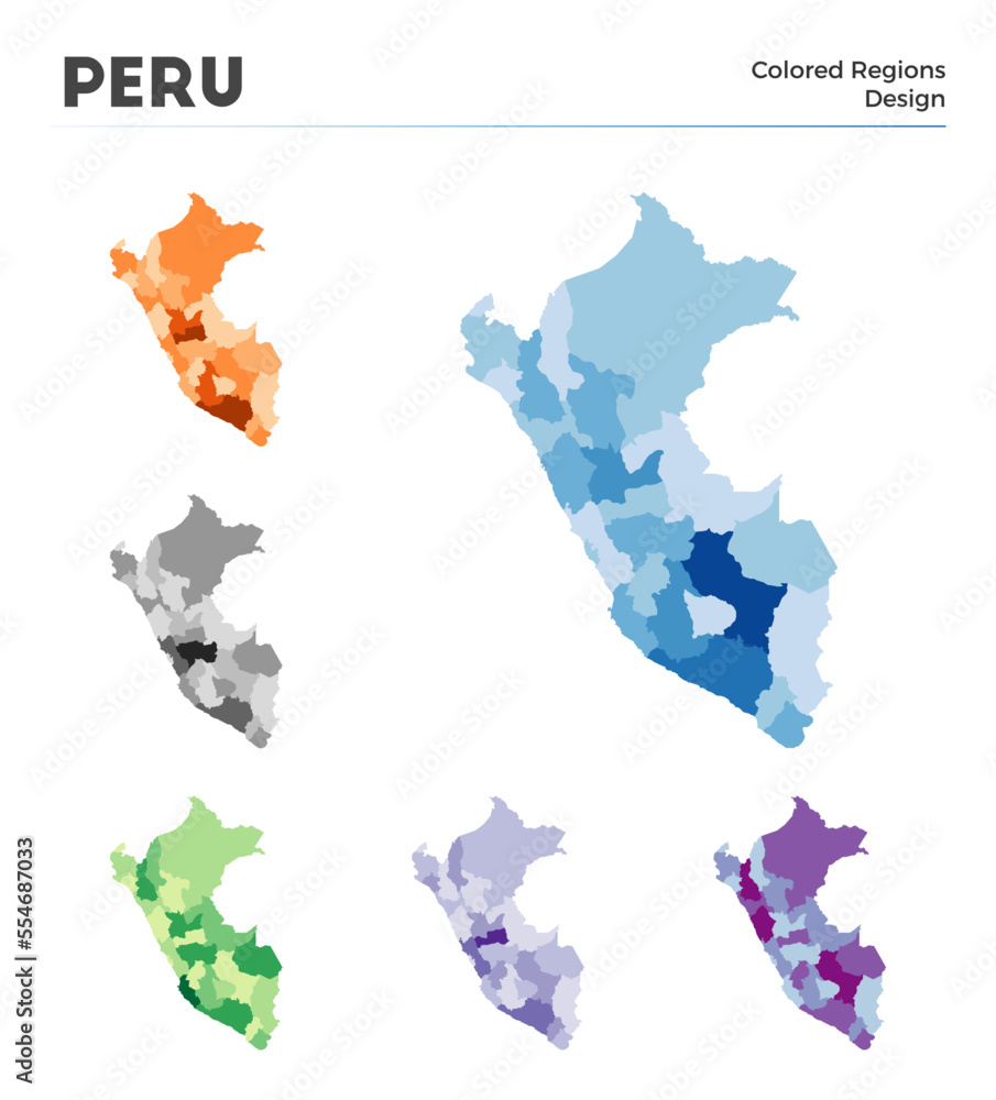 Peru map collection. Borders of Peru for your infographic. Colored country regions. Vector illustration.