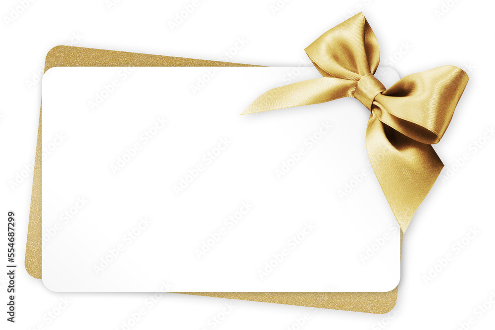 Fototapeta premium gift greeting card with golden bright ribbon bow Isolated on transparent background, top view, copy space for label price ticket, Christmas, mother or father and valentine day, or shopping template