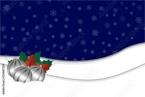 Christmas background with a theme of snowflakes, Christmas baubles and plants.