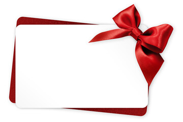gift greeting card with red bright ribbon bow Isolated on transparent background, top view, copy space for label price ticket, Merry Christmas, mother or valentine's day shopping or advertising banner