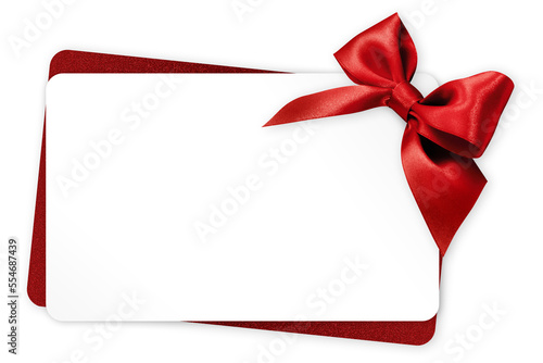 gift greeting card with red bright ribbon bow Isolated on transparent background, top view, copy space for label price ticket, Merry Christmas, mother or valentine's day shopping or advertising banner