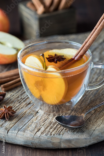 A tea cup filled with homemade mulled apple cider, ready for drinking.