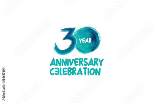 30th, 30 years, 30 year anniversary year anniversary celebration fun style logotype. anniversary white logo with green blue color isolated on white background, vector design for celebration