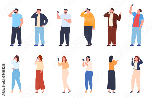 People communicate with each other using smartphones. Men and women talk on the phone with other interlocutors. Vector illustration