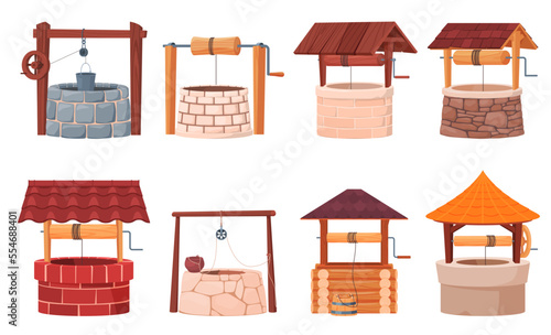 Water wells. Stone and wooden decorated peasant wells for water extraction. Vector illustration
