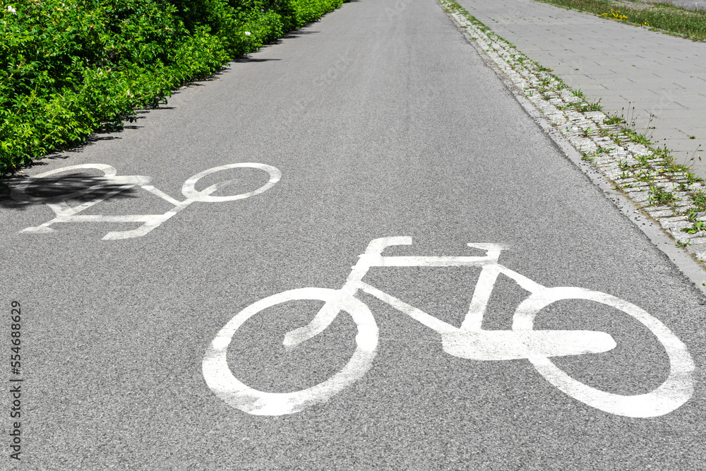 Obraz premium bike path sign applied with white paint on asphalt