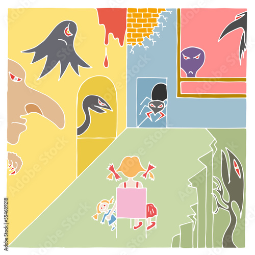 A little girl with her favorite doll is sitting on a chair in the middle of the room, around the girl are many different ugly monsters. The concept of children's fears, nightmares. Freehand drawing.