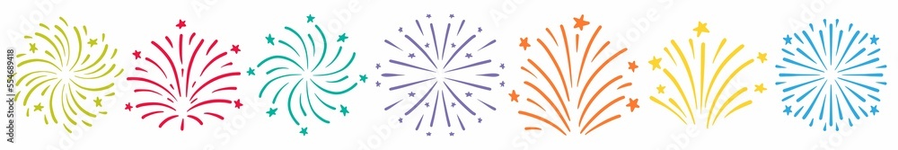 Horizontal festive illustration with fireworks hand-drawn in doodle style Horizontal festive illustration with fireworks hand-drawn in doodle style