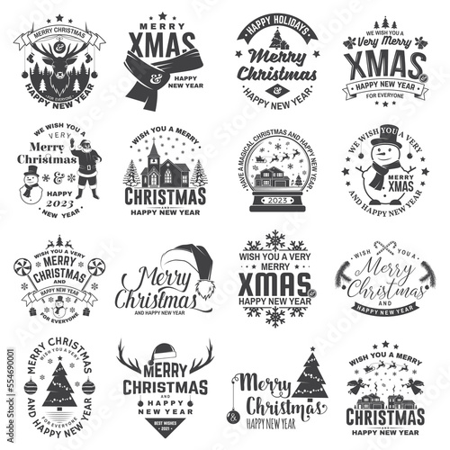 Set of Merry Christmas and 2023 Happy New Year stamp, sticker Set quotes with snowflakes, snowman, santa claus, candy, sweet candy, cookies. Vector Vintage typography design for xmas, new year emblem.