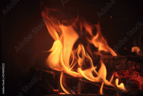 Close up shot of burning firewood in the fireplace