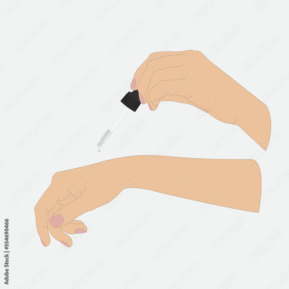 Illustration of woman's hands with serum pipette. A drop of liquid is dripping from a pipette. Illustration of woman's hands with serum pipette. A drop of liquid is dripping from a pipette.