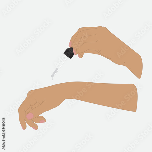 Illustration of woman's hands with serum pipette. A drop of liquid is dripping from a pipette.