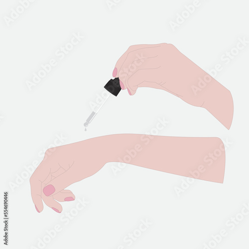 Illustration of woman's hands with serum pipette. A drop of liquid is dripping from a pipette.