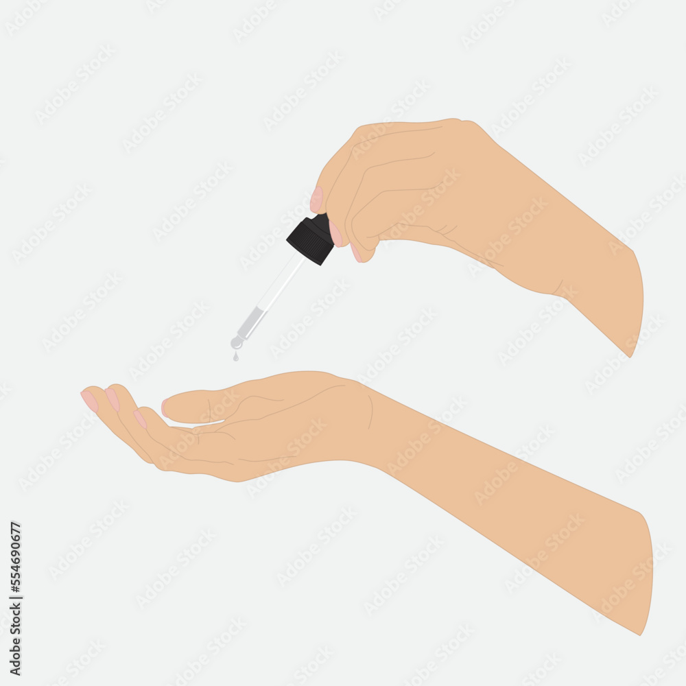 Illustration of woman's hands with serum pipette. A drop of liquid is dripping from a pipette. Illustration of woman's hands with serum pipette. A drop of liquid is dripping from a pipette.