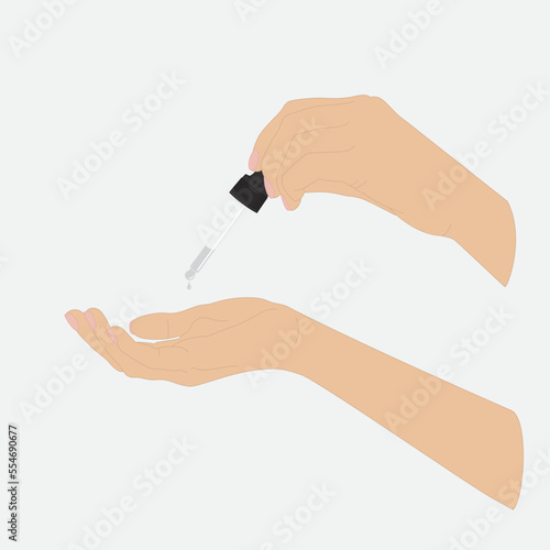 Illustration of woman's hands with serum pipette. A drop of liquid is dripping from a pipette.