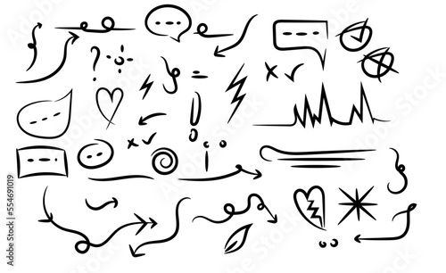 Sketch underline  emphasis  arrow shape set. Hand drawn brush stroke  highlight  speech bubble  underline  sparkle element. Vector illustration.