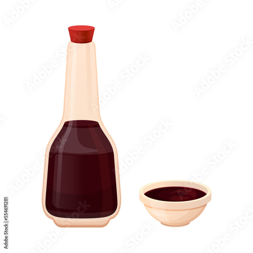 Soy sauce in glass bottle with bowl cup. Traditional asian salty sauce for sushi in cartoon style. Asian food. Colorful Vector illustration isolated on white background.