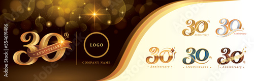 Set of 30th Anniversary logotype design, Thirty years anniversary celebration Logo, Golden Luxury and Retro Serif Number 30 Letters