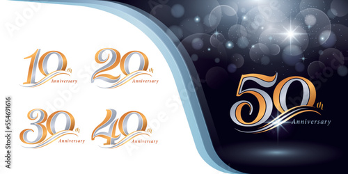 Set of 10 to 50 years Anniversary logotype design, Ten to Fifty years Celebrating Anniversary Logo, Silver and Gold Elegant Classic Logo Celebration,