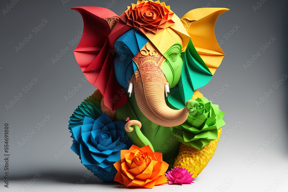 Origami of Indian God Ganesh in colorful flowers craft. Generative AI - obrazy, fototapety, plakaty 
