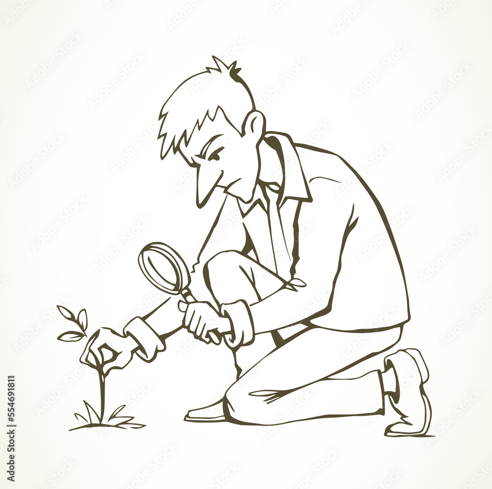 A man with a magnifier is looking for weeds. Vector drawing A man with a magnifier is looking for weeds. Vector drawing