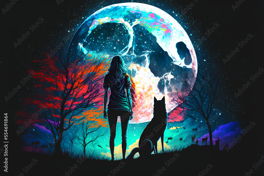 Obraz premium young woman with dog at beautiful night with huge moon above,beautiful colorful, illustration digital generative ai design art style