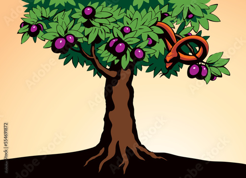 Serpent on the tree. Knowledge of good and evil. Vector drawing