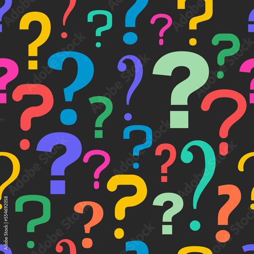 Opinion poll by conducting a series of questions, survey poster mockup. Many multicolor question marks seamless pattern on the black background for social survey.