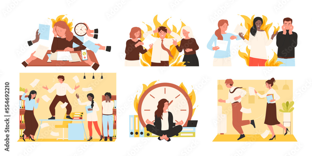 Stress and pressure of overtime office work on employees vector illustration. Cartoon angry worker characters in hurry of deadline, tired people running from paper document, relax on workplace