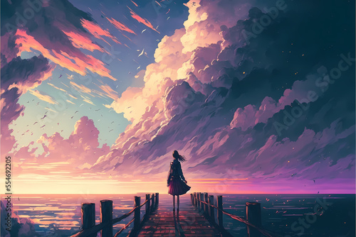 woman girl standing on a wooden pier at the beach ocean sea looking at colorful clouds in the sky, Beautiful scenery, digital illustration ai art style