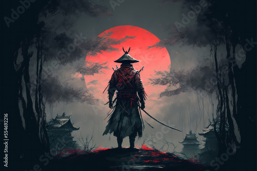 Futuristic Samurai standing backwards in a night grey forest with a big red moon in the background, Panorama landscape scene, illustration art style painting