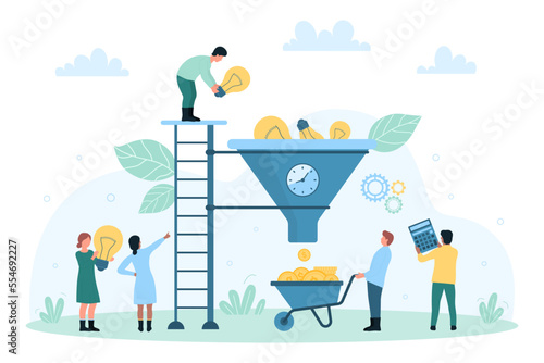 Business ideas optimization, creativity and monetization vector illustration. Cartoon tiny people make money from creative ideas, throw bright light bulbs into funnel to change lamps for gold coins
