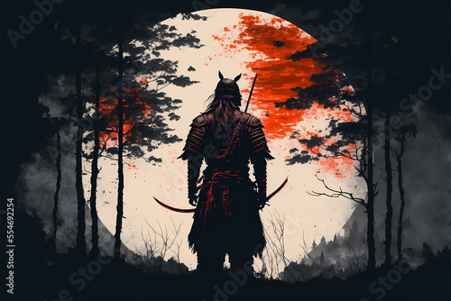 Futuristic Samurai standing backwards in a night grey forest with a big white red moon in the background, Panorama landscape scene, illustration art style painting