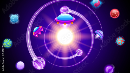 Abstract Aliens On Flying Saucers In Dark Space Planet Background Gradient Unidentified Flying Object Ufo Stars Vector Design Style