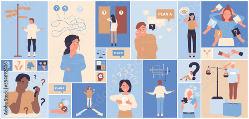 Cartoon people in doubt decide life problem, think and choose right door and direction in geometric collage background. Future choice and decision critical mindset, psychology set vector illustration.