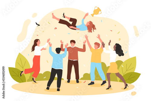 Team of people tossing happy person vector illustration. Cartoon office workers toss best colleague, winner with award cup up in air, congratulate and celebrate victory or company achievement