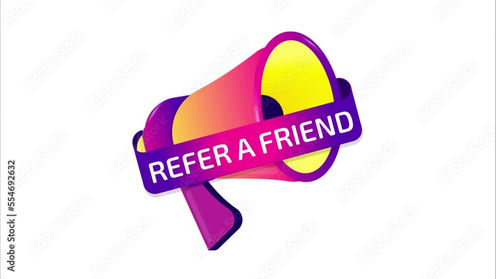 Refer a friend banner, label, badge icon with megaphone. Flat design. 4K video animation Refer a friend banner, label, badge icon with megaphone. Flat design. 4K video animation