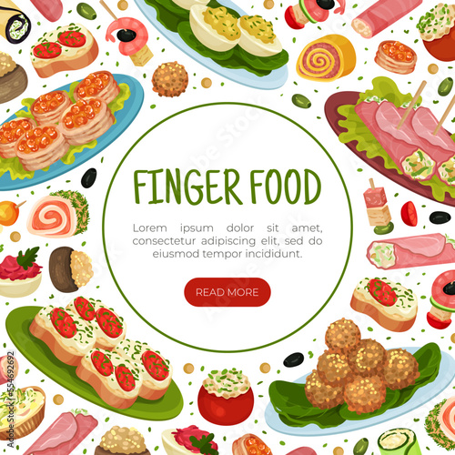 Finger Food Buffet Design with Different Snacks and Appetizers Vector Template