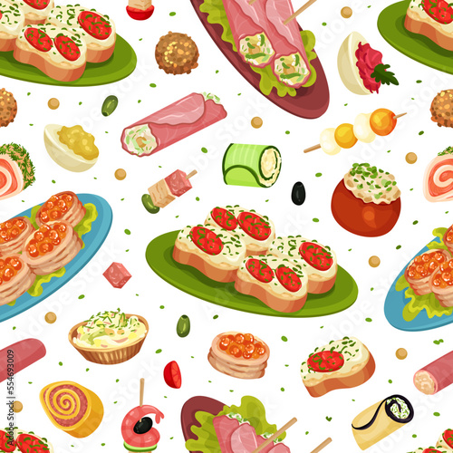 Finger Food Buffet Seamless Pattern Design with Different Snacks and Appetizers Vector Template
