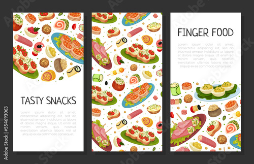 Finger Food Buffet Design with Different Snacks and Appetizers Vector Template