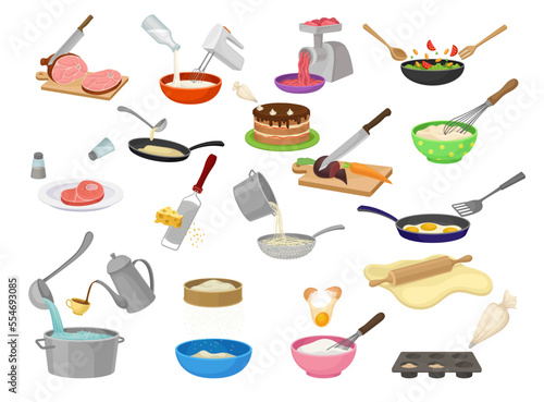Food Cooking Process with Kitchen Utensils and Ingredient Big Vector Set